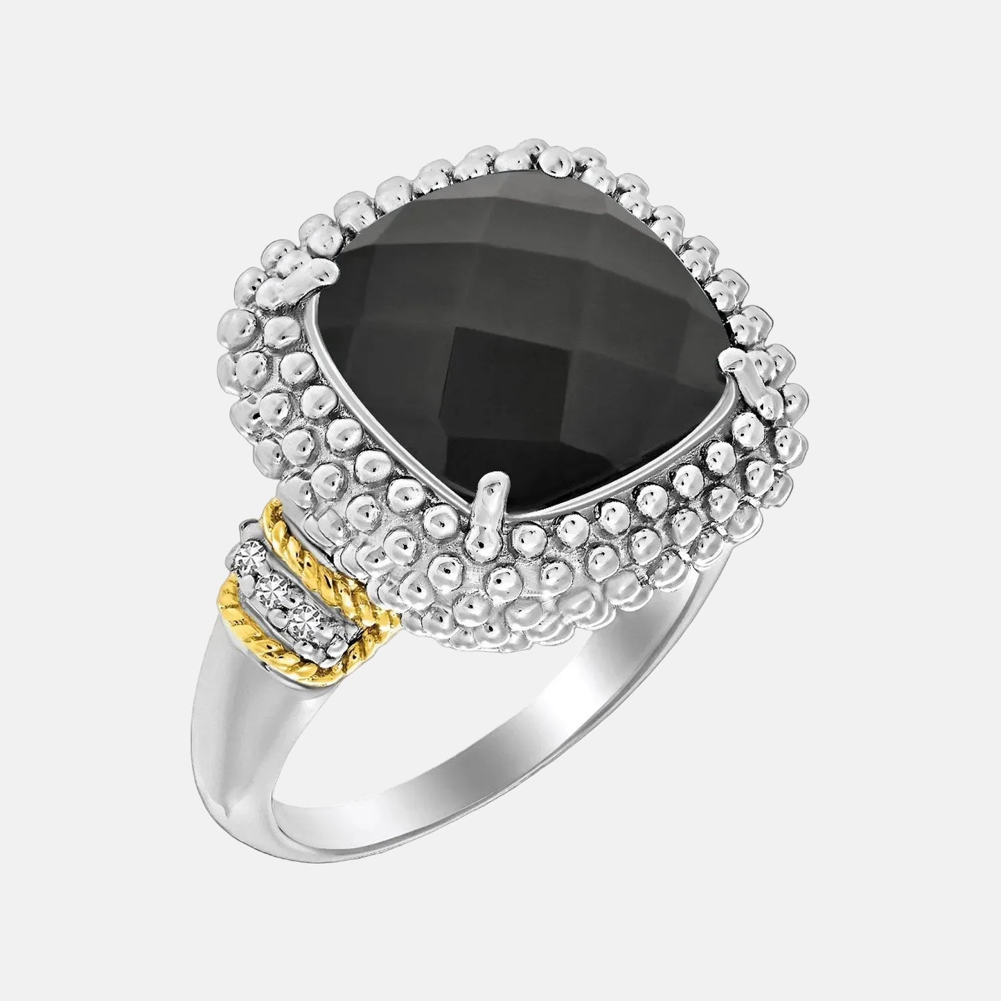 18k Yellow Gold & Sterling Silver Black Onyx and Diamond Popcorn Cushion Ring